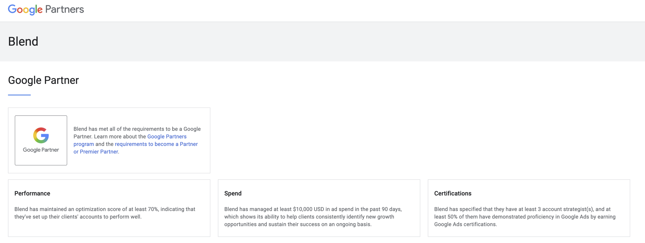 Google Partners page confirming Blend has met all requirements to be a Google Partner, with Performance, Spend, and Certifications criteria