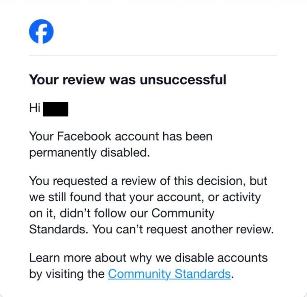 Facebook permanent disable email after unsuccessful appeal