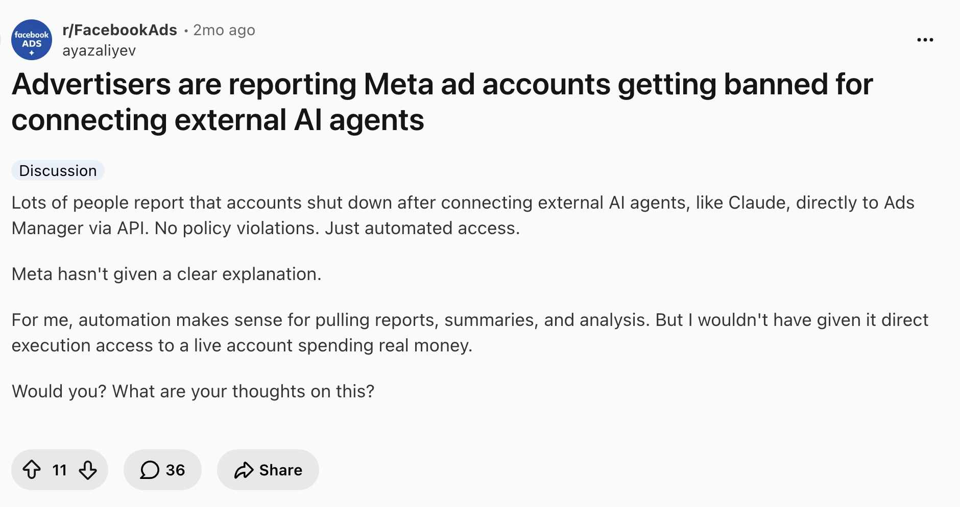 Reddit post in r/FacebookAds titled "Advertisers are reporting Meta ad accounts getting banned for connecting external AI agents"