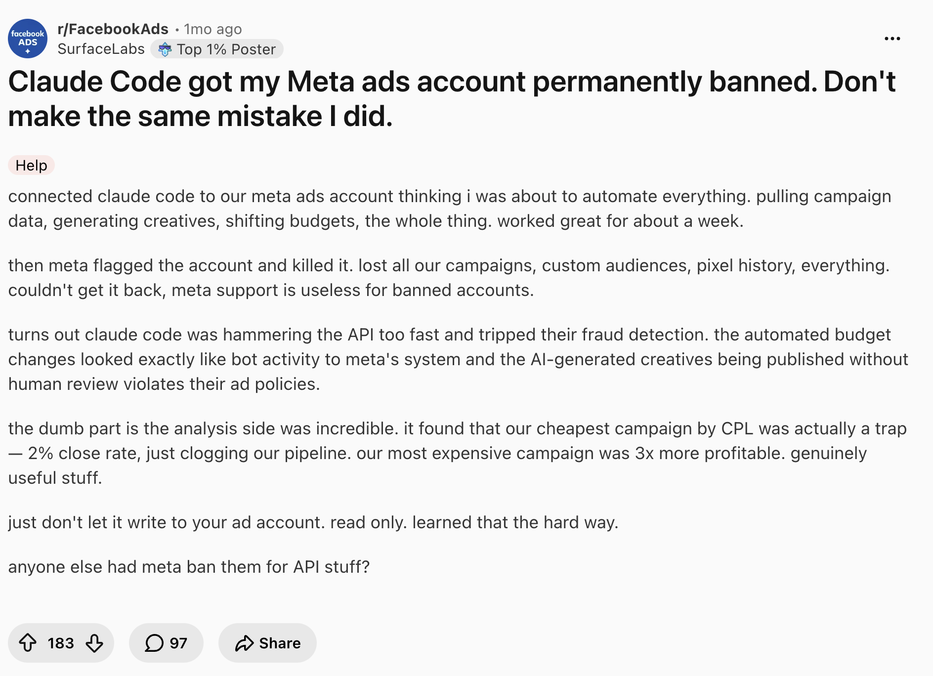 Reddit post in r/FacebookAds titled "Claude Code got my Meta ads account permanently banned. Don't make the same mistake I did."